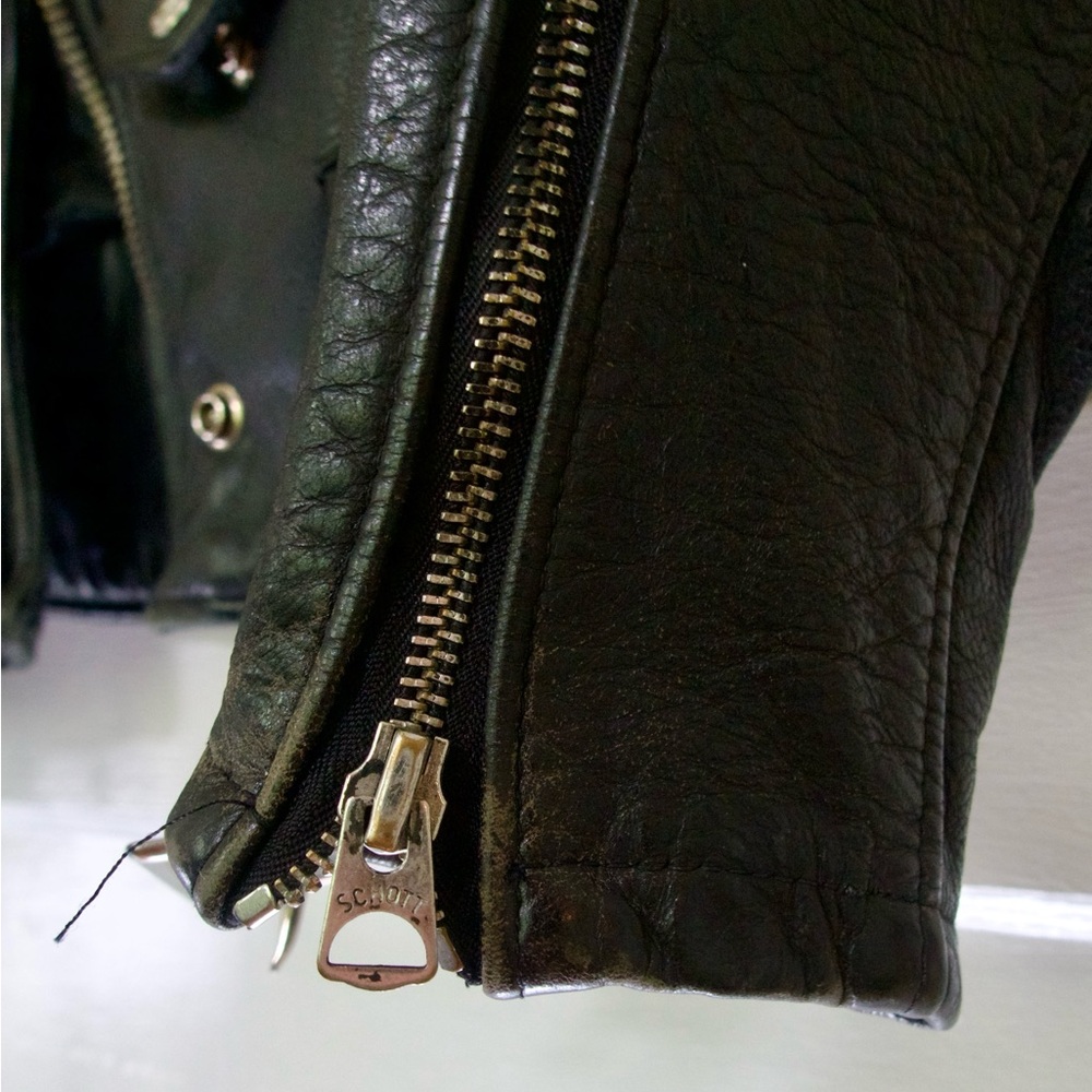 Schott NYC Black Leather Motorcycle Bomber Jacket with Silver Hardware - Picture 7 of 9